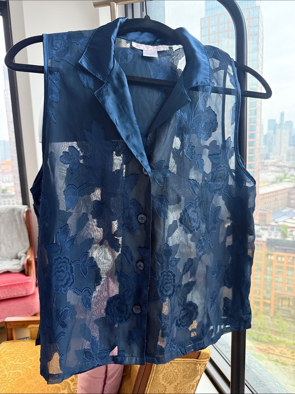 Rare Vintage Oscar de la Renta Navy Sleeveless Floral Sheer Button-Front Top